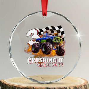 Monster Truck Birthday Crystal Glass Ornament Happy 3rd Bday Party 3 Years Old Boy TS02 Transparent Glass 3'' Circle Print Your Wear