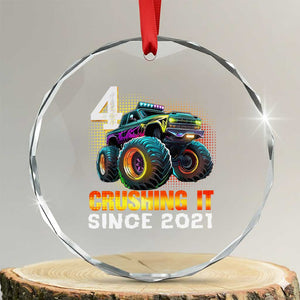 Monster Truck Birthday Crystal Glass Ornament Happy 4th Bday Party 4 Years Old Boy TS02 Transparent Glass 3'' Circle Print Your Wear