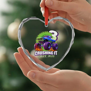 Monster Truck Birthday Heart Crystal Glass Ornament 3 Years Old Boys Happy 3rd Bday Party TS02 Print Your Wear