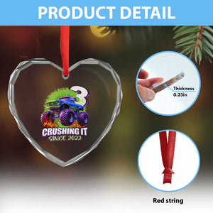 Monster Truck Birthday Heart Crystal Glass Ornament 3 Years Old Boys Happy 3rd Bday Party TS02 Print Your Wear