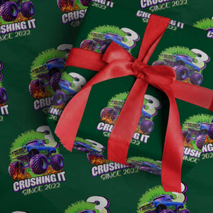 Monster Truck Birthday Wrapping Paper Roll 3 Years Old Boys Happy 3rd Bday Party TS02 Green Print Your Wear
