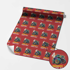 Monster Truck Birthday Wrapping Paper Roll Happy 4th Bday Party 4 Years Old Boy TS02 Red Print Your Wear