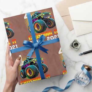 Monster Truck Birthday Wrapping Paper Roll Happy 4th Bday Party 4 Years Old Boy TS02 Mocha Print Your Wear