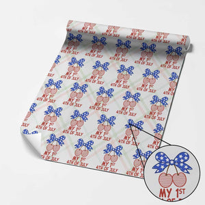 My 1st 4th of July Coquette Bow Striped Cherries Wrapping Paper Roll Preppy Patriotic Baby Girl Independence Holiday