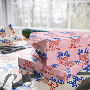 My 1st 4th of July Coquette Bow Striped Cherries Wrapping Paper Roll Preppy Patriotic Baby Girl Independence Holiday