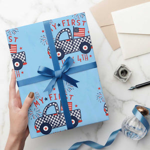 My First July 4th Gingham Vintage Truck Americana Wrapping Paper Roll Patriotic Fireworks Independence Holiday Milestone