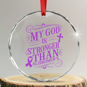 My God Is Stronger Than Alzheimers Crystal Glass Ornament Faith Hope Purple Ribbon Graphic