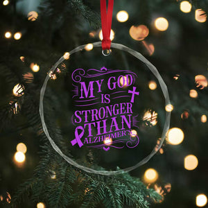 My God Is Stronger Than Alzheimers Crystal Glass Ornament Faith Hope Purple Ribbon Graphic