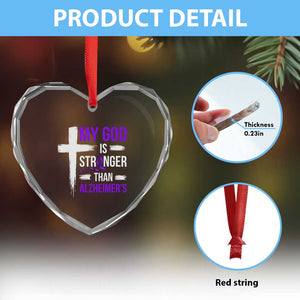 My God Is Stronger Than Alzheimers Heart Crystal Glass Ornament Christian Purple Ribbon Faith Support