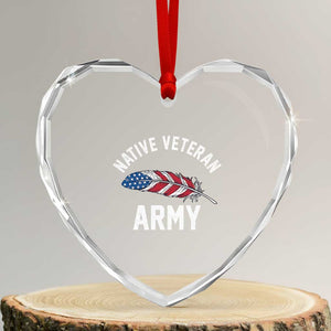 Native American Army Veteran US Flag Indigenous Soldier Heart Crystal Glass Ornament