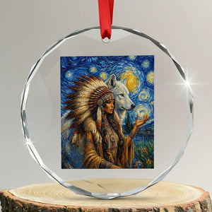 Native American Woman And White Wolf Crystal Glass Ornament Starry Night Inspired Art