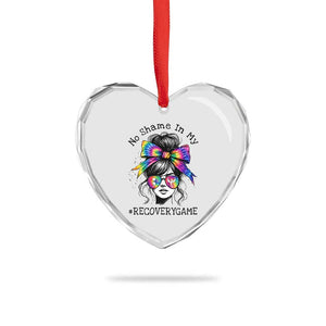 No Shame In My Recovery Game Heart Crystal Glass Ornament Messy Bun Semicolon Graphic