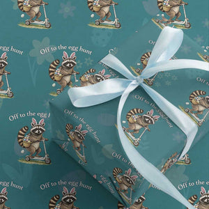 Off To The Egg Hunt Wrapping Paper Roll Funny Easter Raccoon TS14 Teal Print Your Wear