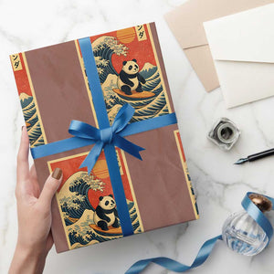 Panda Surfing Japanese Wrapping Paper Roll Vintage Great Wave Off Kanagawa Anime Kawaii TS10 Mocha Print Your Wear
