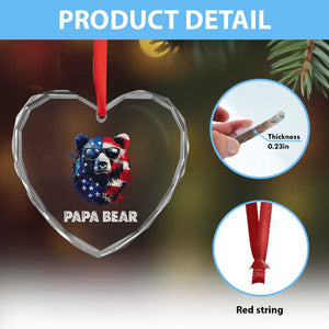 Papa Bear Father's Day Heart Crystal Glass Ornament Patriotic American Flag 4th Of July