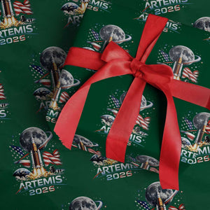 Patriotic 2026 Lunar Orbit Mission Rocket Launch Wrapping Paper Roll American Flag n Moon Patriotic Space Astronomy Enthusiasts TS02 Green Print Your Wear