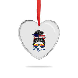Patriotic Arizona Messy Bun Girl Graphic Heart Crystal Glass Ornament American Flag Sunglasses Southwest State Pride Souvenir