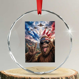Patriotic Bigfoot 4th Of July Selfie Crystal Glass Ornament Funny USA Freedom Jet Fighter Graphic TS12 Transparent Glass 3'' Circle Print Your Wear
