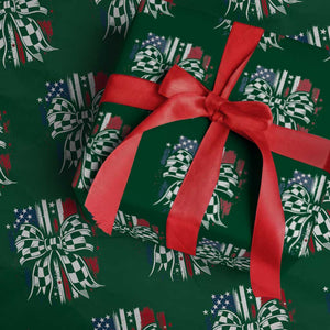 Patriotic Coquette Bow Checkered Flag Race Car Racing Wrapping Paper Roll TS14 Green Print Your Wear