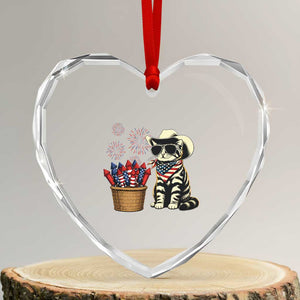 Patriotic Cowboy Cat Heart Crystal Glass Ornament 4th Of July Fireworks Celebration