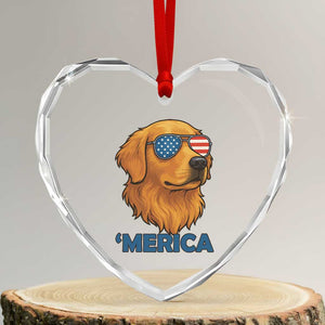 Patriotic Dog 'Merica Heart Crystal Glass Ornament Golden Retriever Sunglasses Funny 4th Of July TS02 Transparent Glass 3'' Heart Print Your Wear