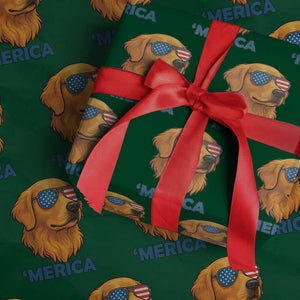 Patriotic Dog 'Merica Wrapping Paper Roll Golden Retriever Sunglasses Funny 4th Of July TS02 Green Print Your Wear