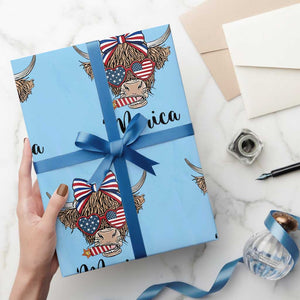 Patriotic Highland Cow Wrapping Paper Roll Merica USA Flag Farmer Gift