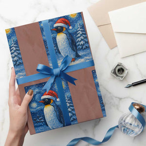 Penguin Xmas Wrapping Paper Roll Starry Night Van Gogh TS14 Mocha Print Your Wear