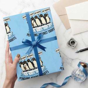 Penguins Against Tariffs Wrapping Paper Roll Resist Tariffs Subtle FDT Political Resistance TS14 Light Blue Print Your Wear