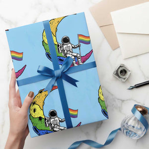 Rainbow Astronaut On The Moon LGBT Wrapping Paper Roll Spaceman Pride Month TS12 Light Blue Print Your Wear