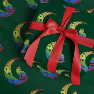 Rainbow Moon Cat Pride Wrapping Paper Roll LGBT Feline Graphic TS12 Green Print Your Wear
