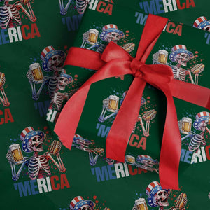 Red White And Blue Skeleton Party Wrapping Paper Roll American Freedom Vibes