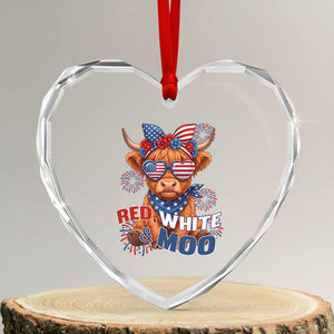 Red White and Moo Funny Patriotic Highland Cow Heart Crystal Glass Ornament Cute American Flag Sunglasses and Bandana Summer Fireworks