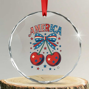 Retro Americana Cherries and Stars Coquette Bow Crystal Glass Ornament America Cute Patriotic 4th Of July US TS02 Transparent Glass 3'' Circle Print Your Wear