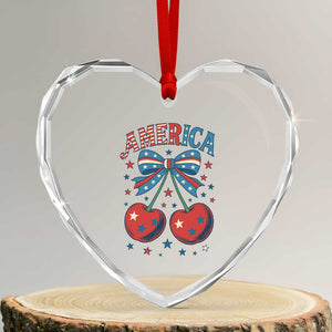 Retro Americana Cherries and Stars Coquette Bow Heart Crystal Glass Ornament America Cute Patriotic 4th Of July US TS02 Transparent Glass 3'' Heart Print Your Wear
