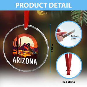 Retro Arizona Roadrunner Desert Sunset Graphic Crystal Glass Ornament Southwest Saguaro Cactus Wildlife Travel Souvenir