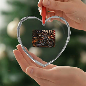 Retro Biker USA 250th Anniversary Heart Crystal Glass Ornament American Flag Motorcycle Eagle Independence Day