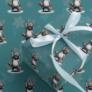 Retro Easter Raccoon Bunny Rock Hand Trash Panda Wrapping Paper Roll TS11 Teal Print Your Wear