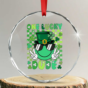 Retro St Patrick's Day Crystal Glass Ornament One Lucky Dude Green Checkered Heart Groovy TS02 Transparent Glass 3'' Circle Print Your Wear