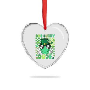 Retro St Patrick's Day Heart Crystal Glass Ornament One Lucky Dude Green Checkered Heart Groovy TS02 Print Your Wear