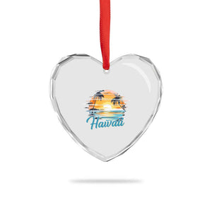 Retro Sunset Palm Tree Hawaii Heart Crystal Glass Ornament Tropical Vacation Graphic