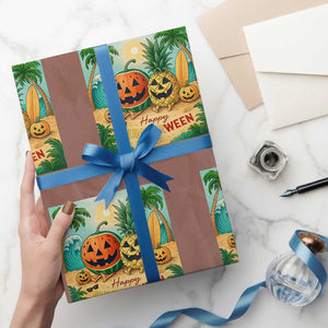 Retro Tropical Summerween Wrapping Paper Roll Halloween Summer Beach Cocktail Boo TS02 Mocha Print Your Wear