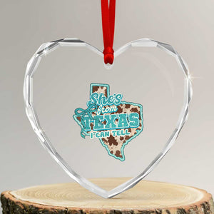 Retro Western She is From Texas I Can Tell Heart Crystal Glass Ornament Trendy Turquoise Glitter Coquette and Cow Print Effect Graphic
