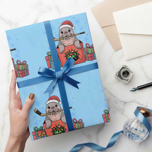 Santa Seal Playing Ice Hockey Wrapping Paper Roll Funny Christmas Gift TS12 Light Blue Print Your Wear