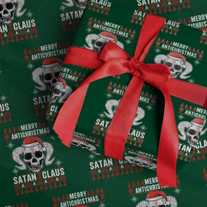 Satan Claus Skull Antichristmas Wrapping Paper Roll Dark Humor Holiday 666 Skull and Horns TS02 Green Print Your Wear