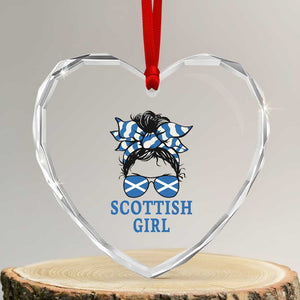 Scottish Girl Messy Bun Hair Saltire Flag Ribbon Bow Heart Crystal Glass Ornament Scotland Pride for Girls Women