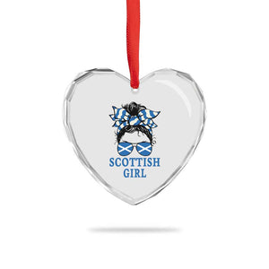 Scottish Girl Messy Bun Hair Saltire Flag Ribbon Bow Heart Crystal Glass Ornament Scotland Pride for Girls Women