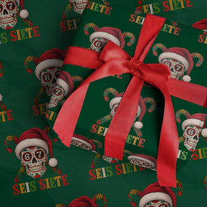 Seis Siete Christmas Meme Wrapping Paper Roll Sugar Skull 67 Santa Hat Candy Canes TS02 Green Print Your Wear