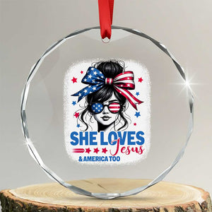 She Loves Jesus And America Too Crystal Glass Ornament Christian 4th of July Messy Bun Flag TS10 Transparent Glass 3'' Circle Print Your Wear