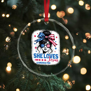She Loves Jesus And America Too Crystal Glass Ornament Christian 4th of July Messy Bun Flag TS10 Print Your Wear